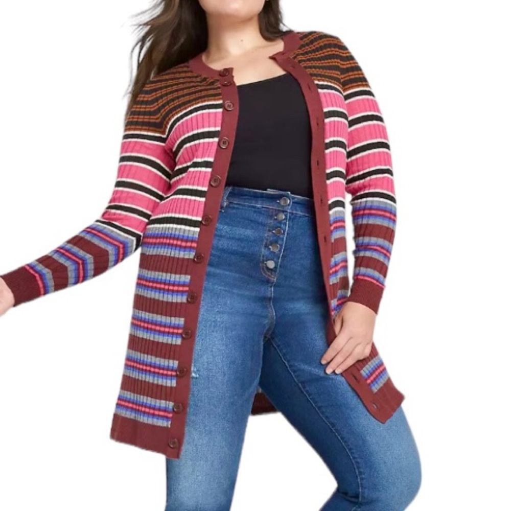 Lane Bryant Fitted Button Front Striped Duster Cardigan Multicolored Size 18/20 - Picture 2 of 15